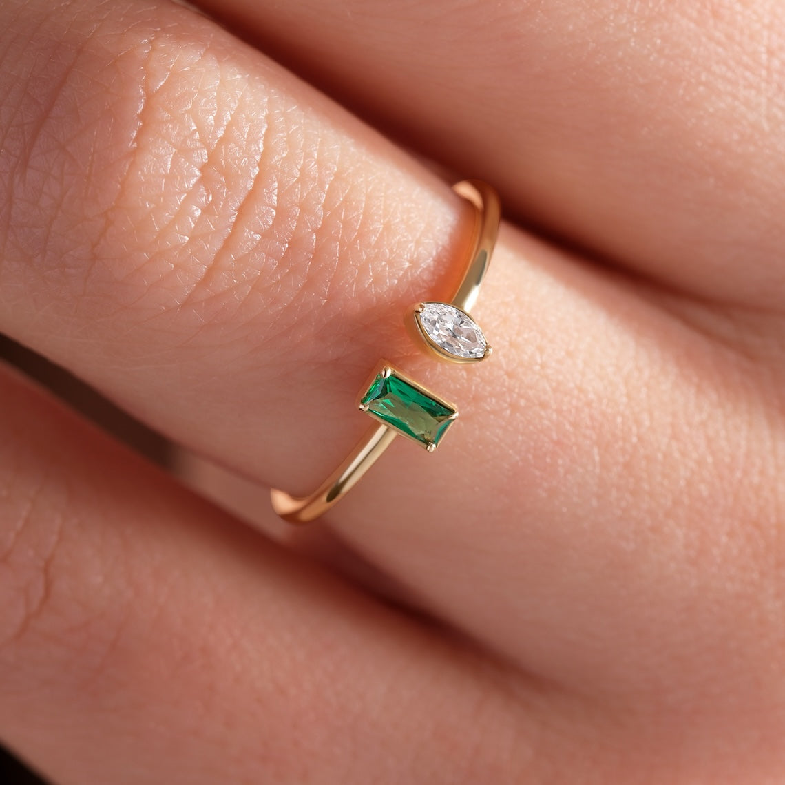 Open Design Emerald and Marquise Ring 14k Gold