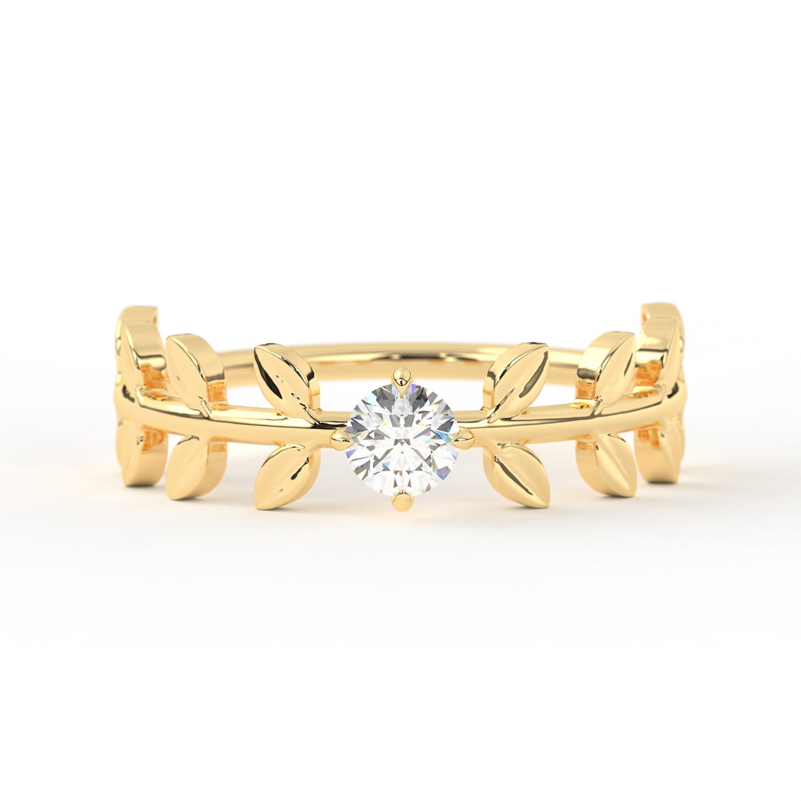 Solitaire Diamond Branch Leaf Engagement Ring 14k Gold