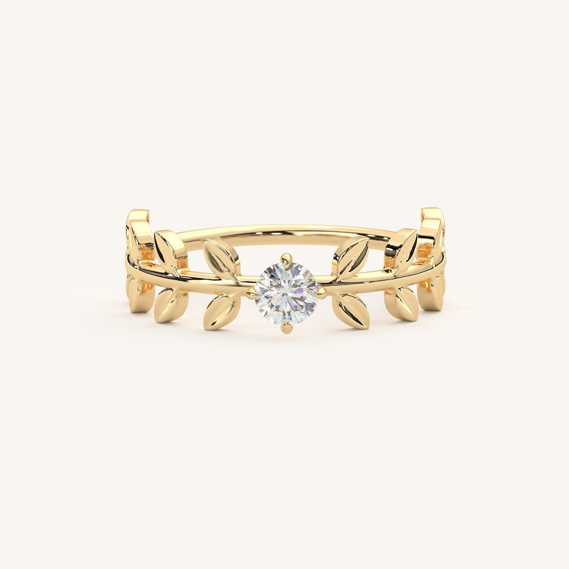 Solitaire Diamond Branch Leaf Engagement Ring 14k Gold